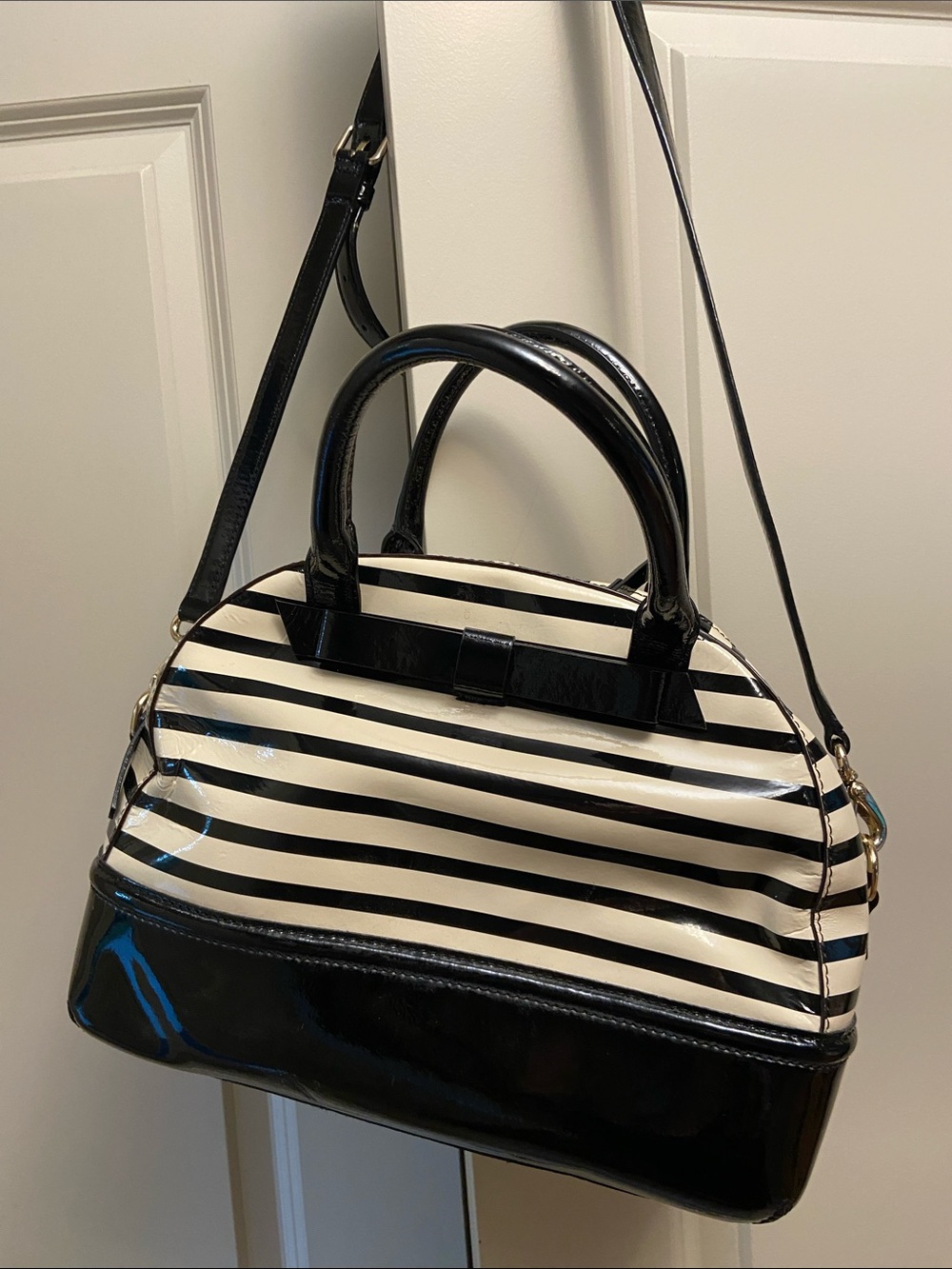 kate spade Bag- Black and White Striped Satchel with Patent Trim